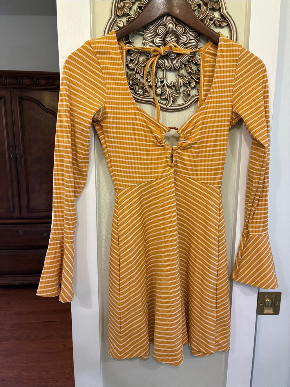 ASOS Mustard Yellow Striped Long Sleeve Cut-out Tie-Back Mini Dress 4P